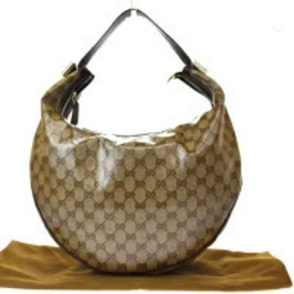 Gucci Shoulder Bag Crystal GG Ribbon Brown Canvas Leather